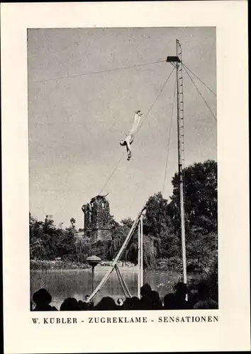 Ak W. Kübler, Zugreklame, Artist springt von einem Turm, Tribuna Agentur