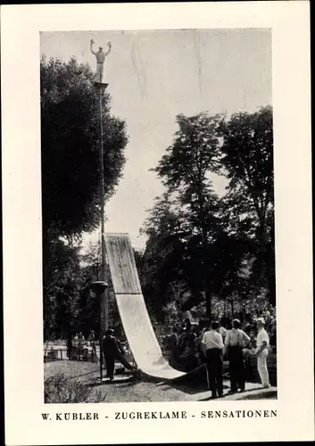 Ak W. Kübler, Zugreklame, Artist vor dem Sprung von einem Turm, Tribuna Agentur