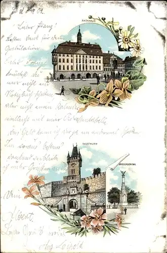 Litho Coburg in Oberfranken, Rathaus, Torturm, Kriegerdenkmal