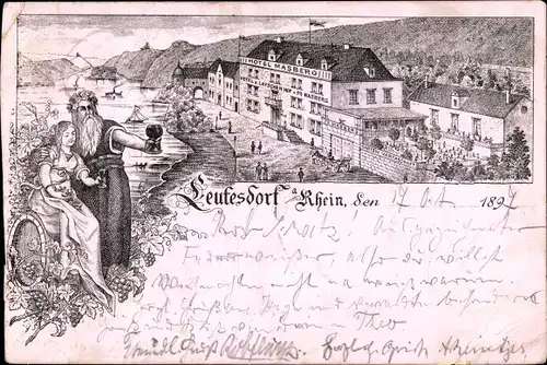 Litho Leutesdorf Rheinland Pfalz, Hotel Marsberg, Rheinpartie