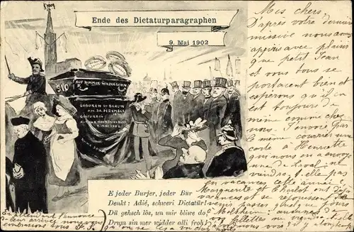 Künstler Ak Ende des Diktaturparagraphen, 09. Mai 1902, Elsaß Lothringen