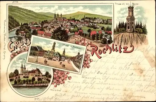 Litho Rochlitz an der Mulde, Turm auf dem Rochlitzer Berg, Markt, Rathaus, Schloss, Totale