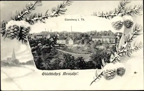 Passepartout Ak Glückwunsch Neujahr, Eisenberg in Thüringen, Blick auf den Ort