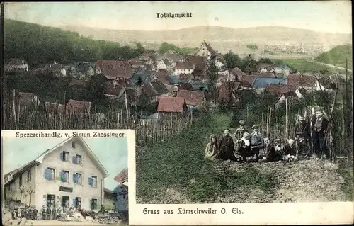 Ak Luemschwiller Lümschweiler Elsass Haut Rhin, Spezereihandlung, Blick auf den Ort