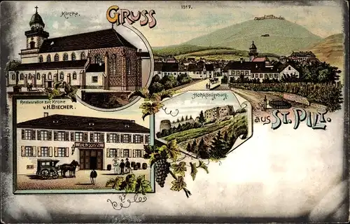 Litho Saint Hippolyte St Pilt Elsass Haut Rhin, Kirche, Restaurant zur Krone, Hochönigsburg