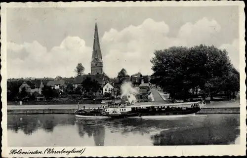 Ak Holzminden an der Weser, Teilansicht mit Kirche und Salondampfer