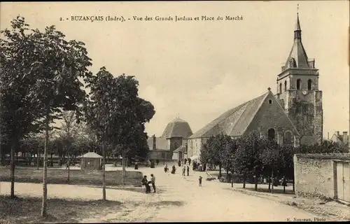 Ak Buzançais Indre, Vue des Grands Jardins et Place du Marche