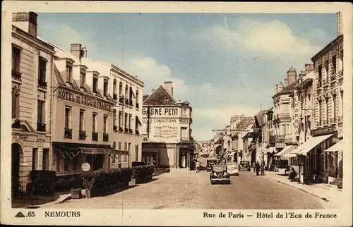 Ak Nemours Seine-et-Marne, La Rue de Paris, Hotel de l'Ecu, Citroen