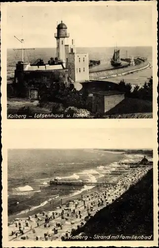Ak Kołobrzeg Kolberg Pommern, Lotsenhaus, Hafen, Strand, Familienbad