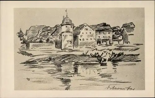 Künstler Ak Dikreiter, Heinrich, Segnitz am Main in Unterfranken, Ortsansicht, Steinzeichnung