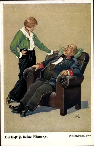 Künstler Ak Schulze, Felix, Du hast ja keine Ahnung, Jammernder Ehemann auf dem Sofa, Ehefrau