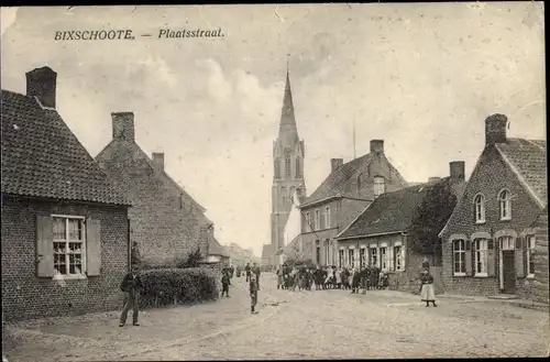 Ak Bixschoote Langemark Poelkapelle Westflandern, Plaatsstraat, Kinder, Kirche