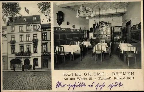 Ak Hansestadt Bremen, Hotel Grieme, An der Weide 18, Innenansicht