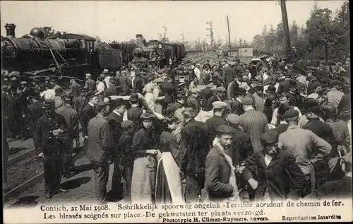 Ak Contich Kontich Flandern Antwerpen, Eisenbahnunglück 21 Mai 1908