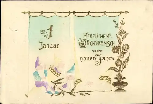 Präge Litho Glückwunsch Neujahr, Zwerge, Blumenstrauß in einer Vase