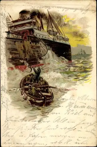 Litho Seeleute in einem Ruderboot fangen von einem Dampfschiff geworfenes Seil