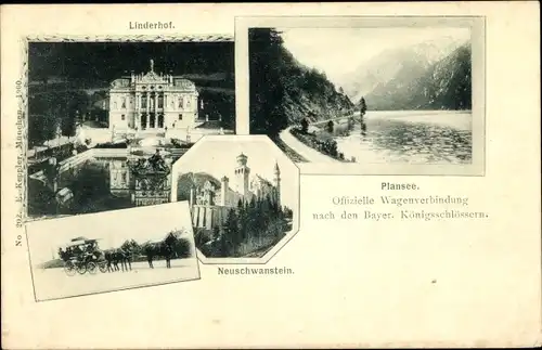 Ak Linderhof Ettal Oberbayern, Schloss Linderhof, Neuschwanstein, Plansee, Kutsche