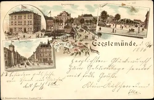 Litho Geestemünde Bremerhaven, Marktplatz, Geestebrücke, Hotel, Borriesstraße