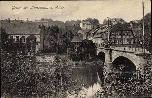 Ak Lunzenau in Sachsen, Blick auf den Ort, Brücke, Muldepartie