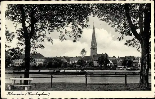 Ak Holzminden an der Weser, Teilansicht mit Kirche und Weserufer