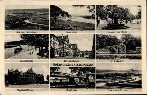 Ak Holzminden an der Weser, Brunnen am Markt, Teichgarten, Alte Giebelhäuser, Baugewerkschule