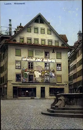 Ak Luzern Stadt Schweiz, Weinmarkt, Brunnen, Volksmagazin