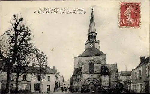 Ak Ballan Indre et Loire, La Place et Église