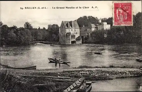 Ak Ballan Indre et Loire, Le Grand Moulin et le Cher