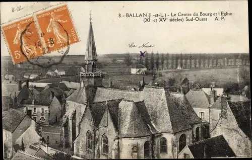 Ak Ballan Indre et Loire, Le Centre du Bourg et l'Église