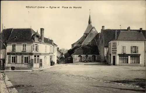 Ak Reuilly Indre, Eglise et Place du Marche