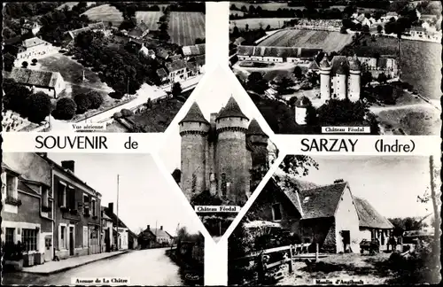 Ak Sarzay Indre, Chateau Feodal, Moulin, Avenue, Fliegeraufnahme