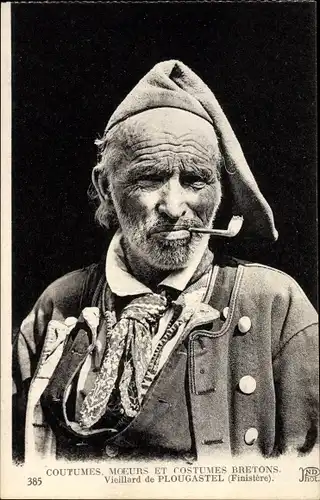 Ak Plougastel Daoulas Finistère, Mann mit Pfeife in bretonischer Tracht