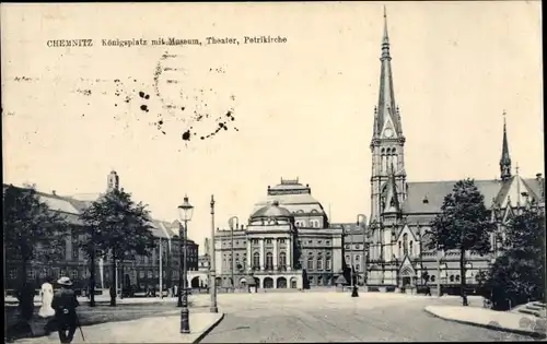 Ak Chemnitz in Sachsen, Königsplatz, Museum, Theater, Petrikirche