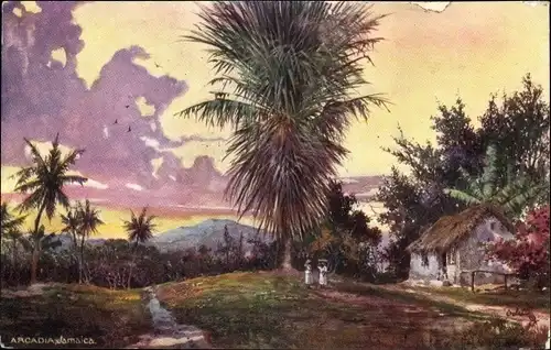 Künstler Ak Arcadia Jamaika, Palmen, Hütte