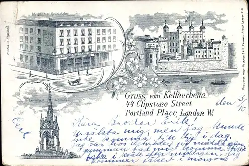 Litho London City, Christliches Kellnerheim, 44 Clipstone Street, Portland Place, Tower