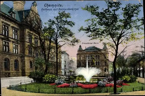 Ak Chemnitz in Sachsen, Rathaus, Beckerdenkmal, Dresdner Bank