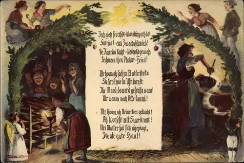 Künstler Ak Köselitz, Rud., Frohe Weihnachten, Dr Weihnachtsheiligohmd, Erzgebirge, Brot, Engel