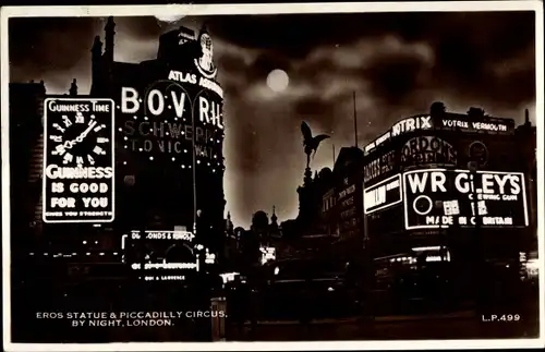 Mondschein Ak London City England, Eros Statue and Piccadilly Circus by Night