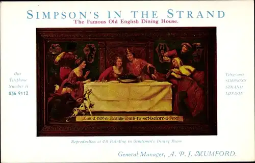 Ak London City England, Simpson's In the Strand, The Famous Old English Dining House