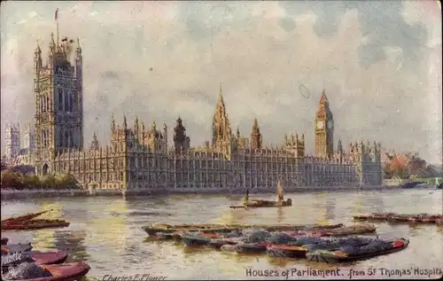 Künstler Ak Flower, C., London City England, House of Parliament, from St. Thomas' Hospital