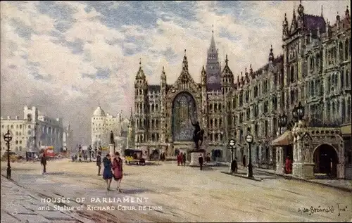 Künstler Ak Breanski, London City England, House of Parliament and Statue of Richard Coeur de Lion