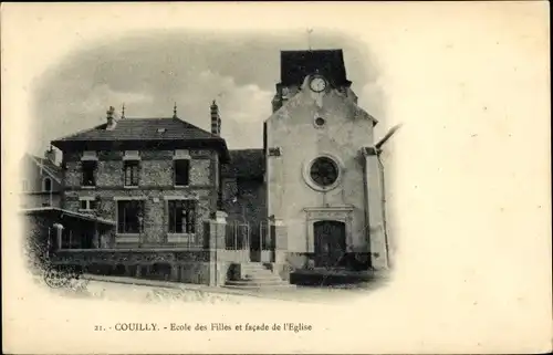 Ak Couilly Seine et Marne, Ecole des Filles et facade de l'Eglise