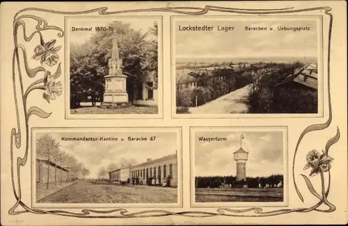 Ak Lockstedt in Holstein, Lockstedter Lager, Baracken, Übungsplatz, Kantine, Denkmal 1870-71