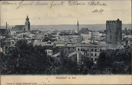 Ak Mühldorf am Inn Oberbayern, Panorama, Kirche, Turm