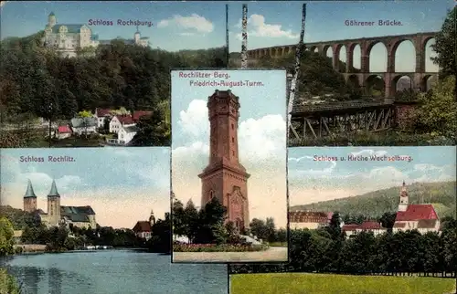 Ak Rochlitz an der Mulde,Schloss, Göhrener Brücke, Kirche Wechselburg, Friedrich August Turm