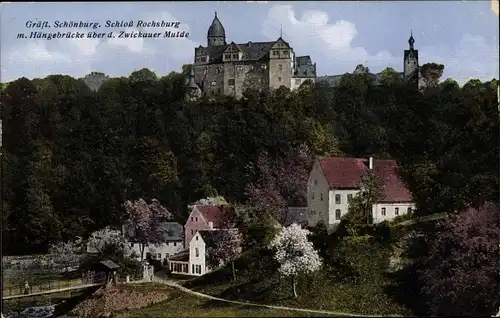 Ak Rochsburg Lunzenau in Sachsen, Schloss, Hängebrücke, Zwickauer Mulde