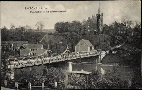 Ak Zwickau in Sachsen, Paradiesbrücke mit Ebertschlösschen