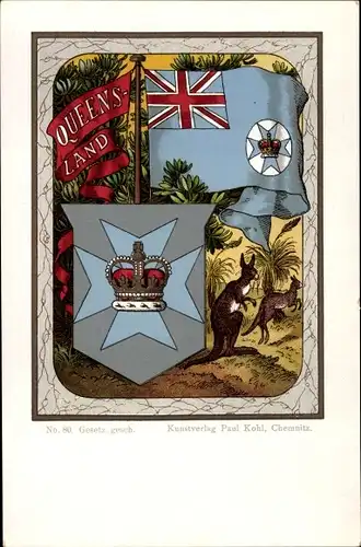 Wappen Litho Queensland Australien, Kängurus, Fahne, Krone