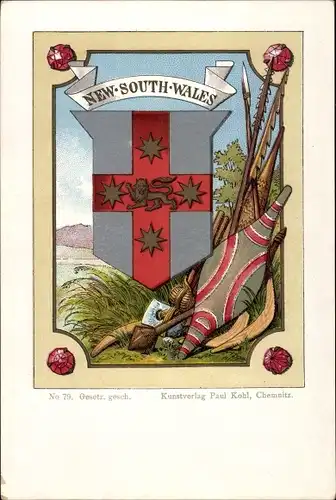 Wappen Litho New South Wales Australien, Schild, Speere