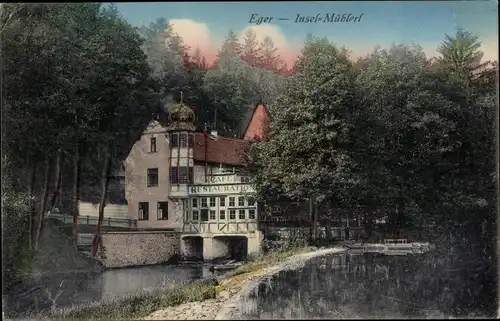 Ak Cheb Eger Region Karlsbad, Insel Mühlerl, Cafe-Restaurant